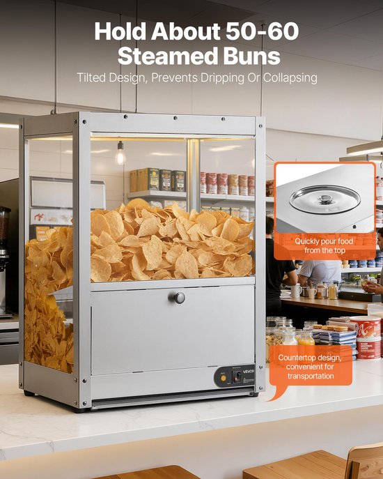 VEVOR Commerciële Nacho Machine 80 L, Elektrische Chip Warmer 300 W met Verwarmingsplaat, Warmtelamp & Deflectorplaat, Roestvrijstalen Nacho Chip Warmer voor Popcorn, Aardappelchips en Pindachips — afbeelding 4
