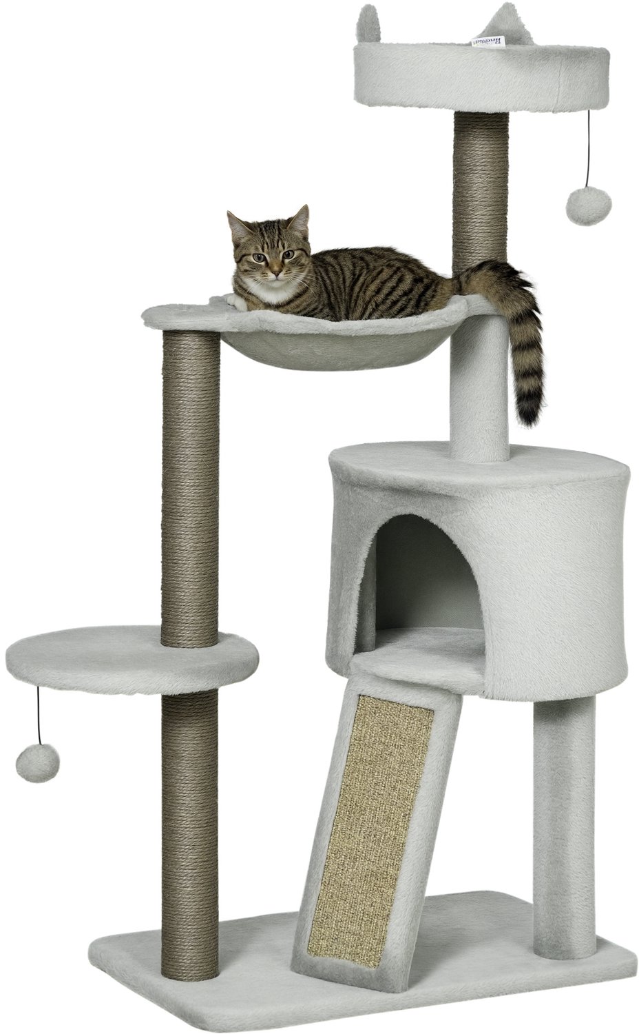 Pawona Krabpaal - Met kattenhuis, ligbed, hangmat en speelbal - 60 x 40 x 113 cm - Lichtgrijs