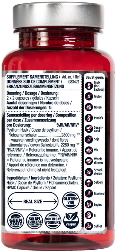 Achterkant van het Lucovitaal Psyllium Husk Vezels flesje met ingrediënten en voedingswaarde.