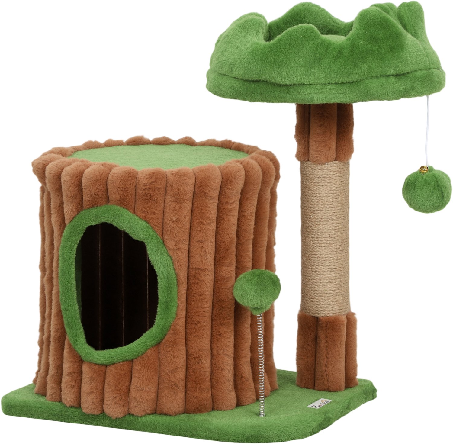Pawona Krabpaal - Met kattenhuis, nestbed en speelballen - 40 x 30 x 53 cm - Bruin/Groen