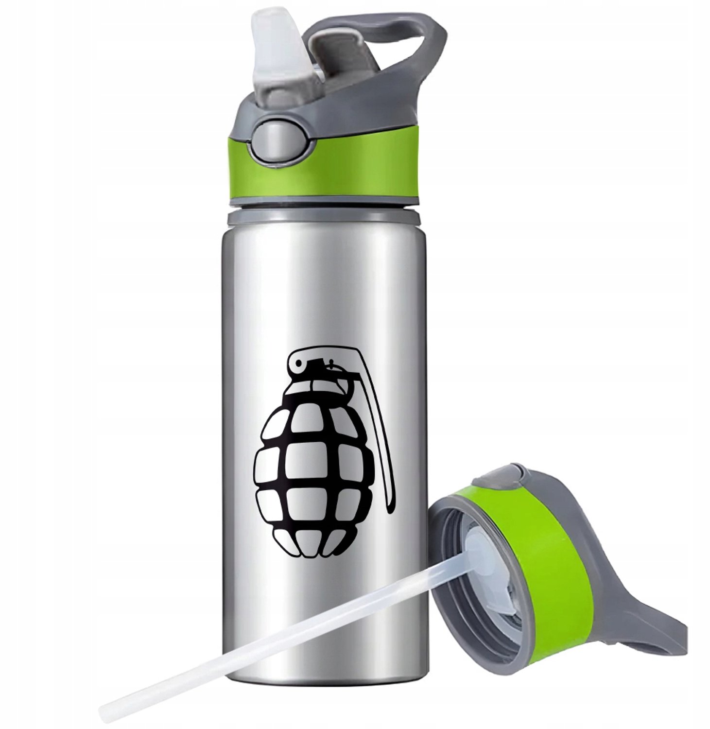 Aluminium Sport Bidon 650ml met Rietje en Handvat - Zilver
