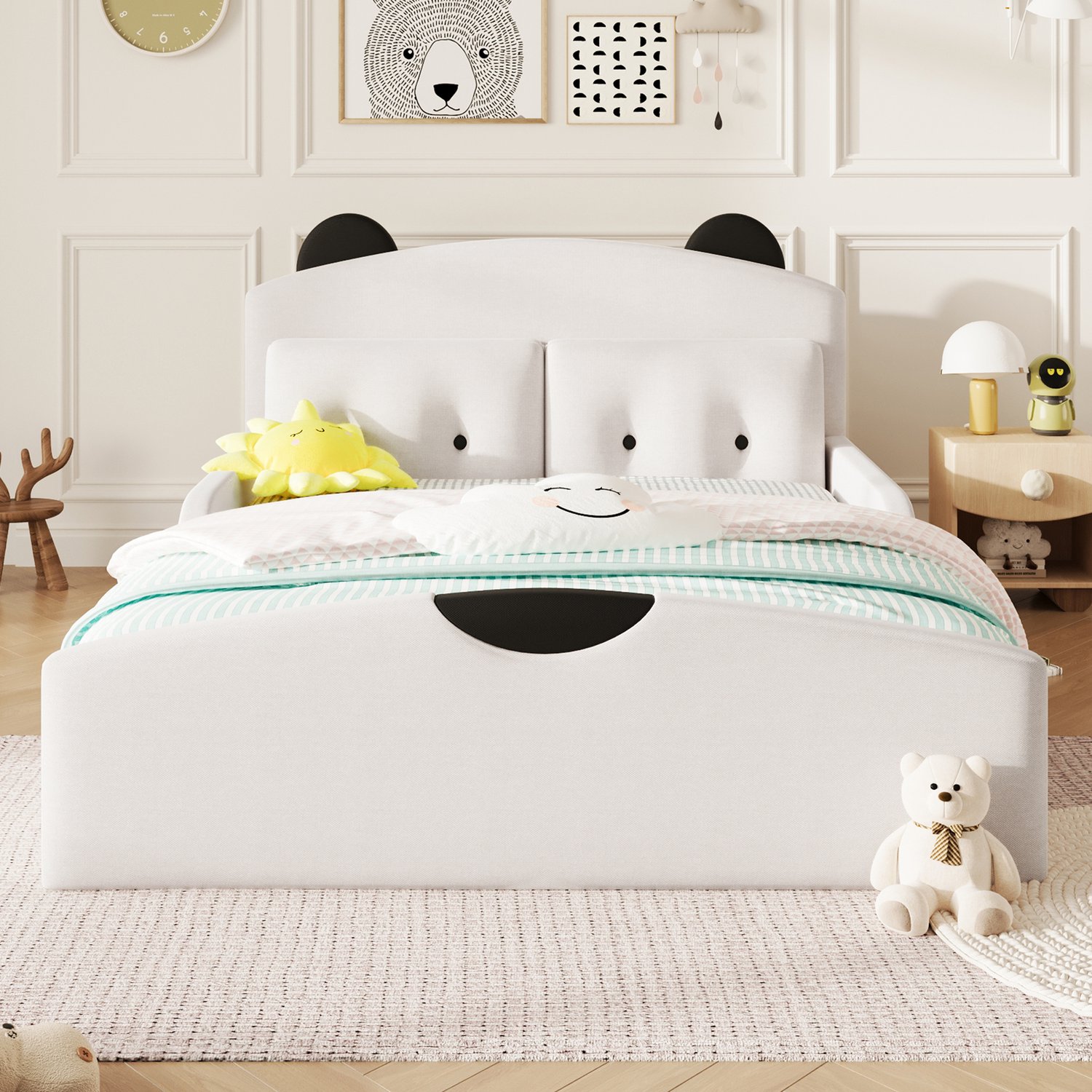 MUVANO Platformbed met linnen bekleding - teddybeerhoofdbord - gestoffeerd bed 140x200 cm voor kinder- of tienerkamer- wit-met 2 sierkussens