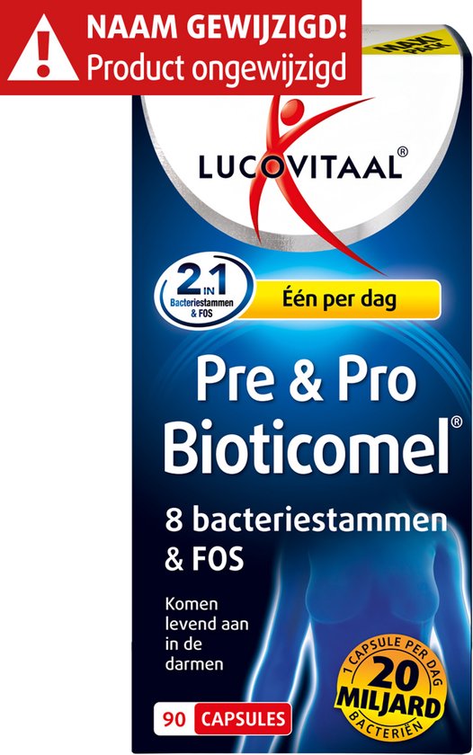Lucovitaal Pre & Pro Bioticomel verpakking met 90 capsules. Toont 8 bacteriestammen & FOS.