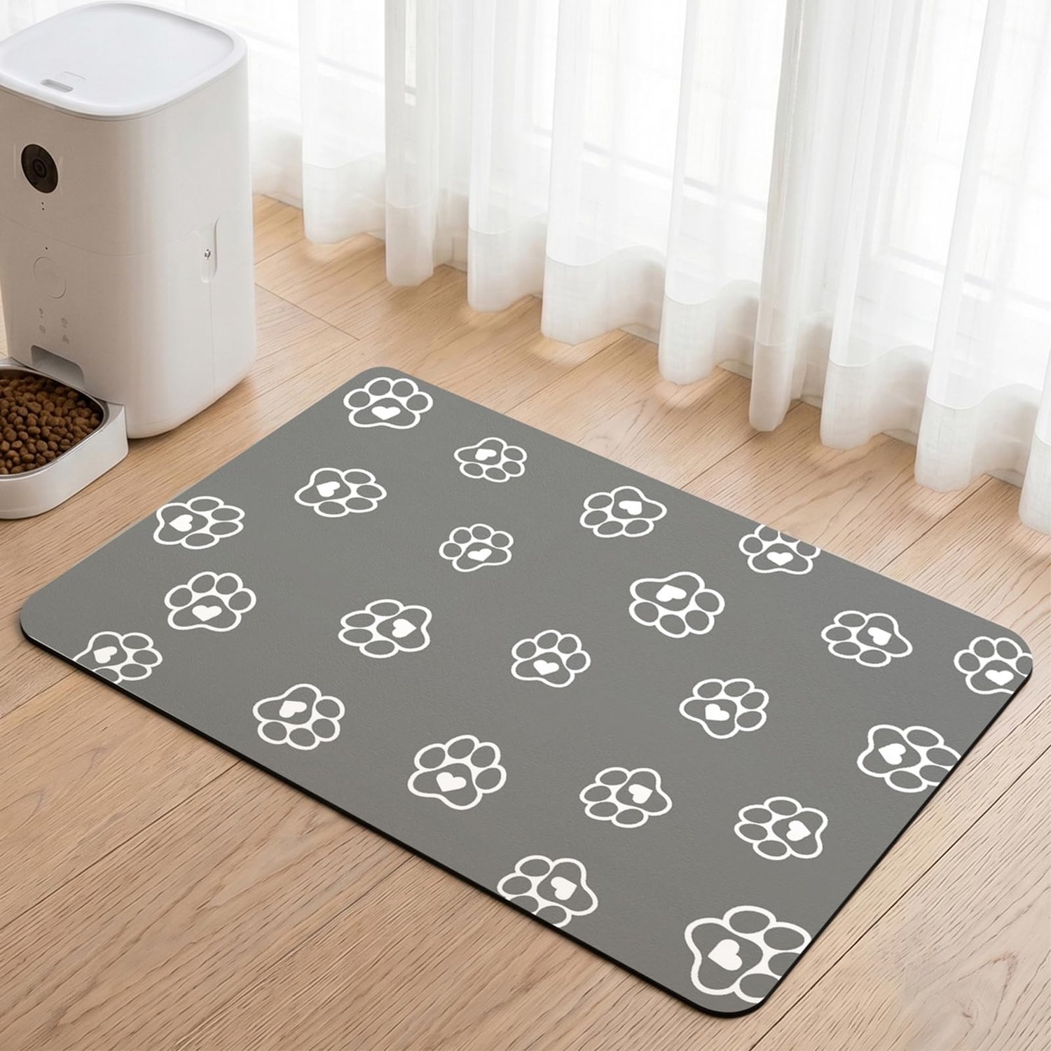 Famanu - Voerbakmat voor huisdieren - Voorkomt gemorste voeding en water - Sneldrogend en antislip - Grijs 1 stuk