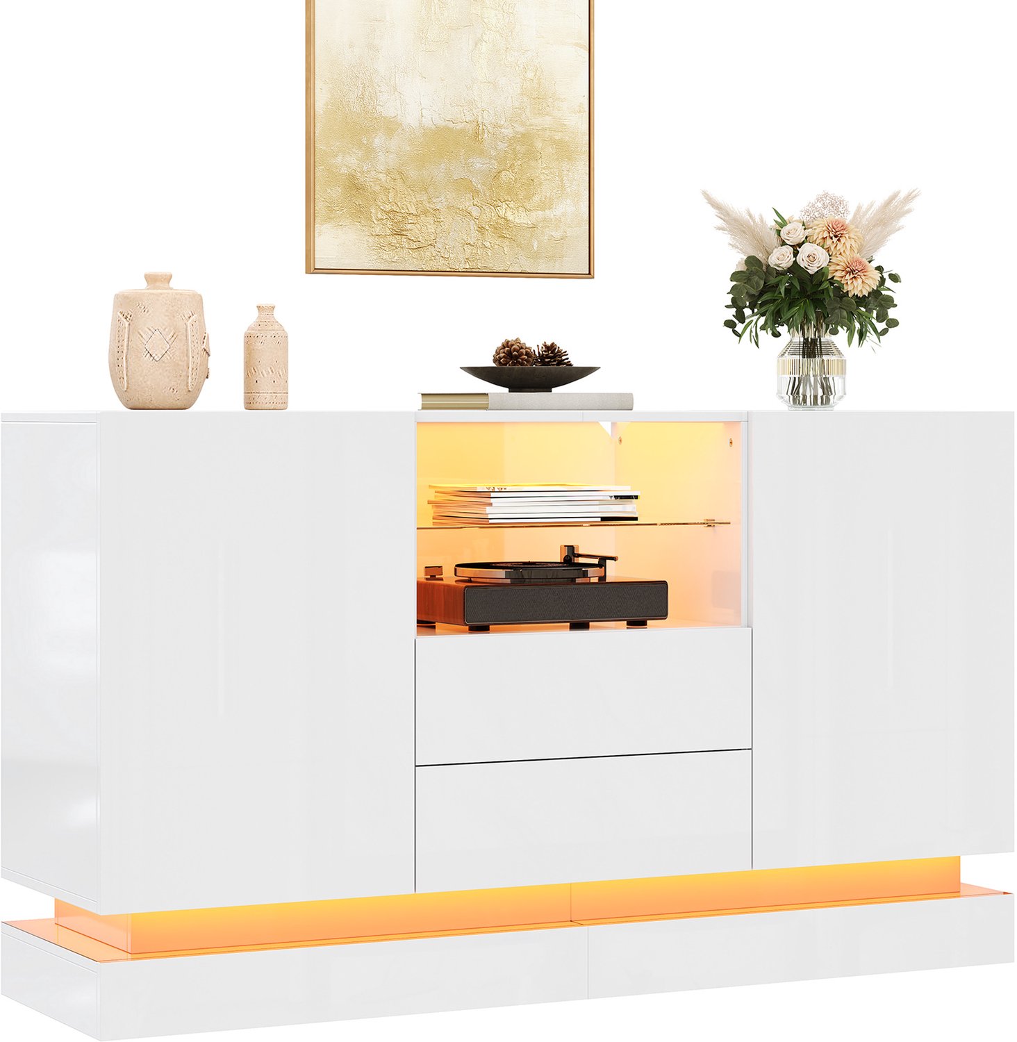 DESMIU Dressoir - Ledverlichting Met Appbediening - 2 Deuren, 2 Lades En Open Vak - Spaanplaat - 140x40x80 Cm - Wit