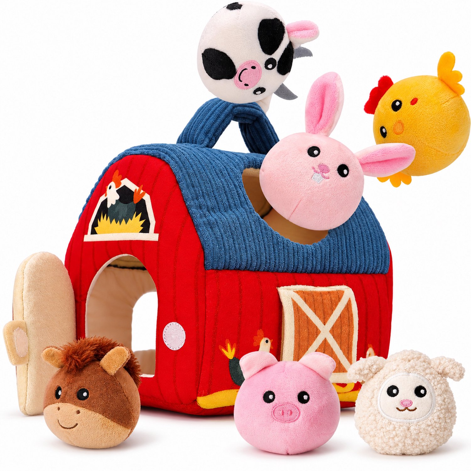 Leefico Pluche Speelgoed met Stal en 6 Dierenvriendjes - Sensorisch Baby Speelgoed 6-12 Maanden - Montessori Speelgoed 1 jaar - Knisperboekje - Educatief Speelgoed 3 jaar