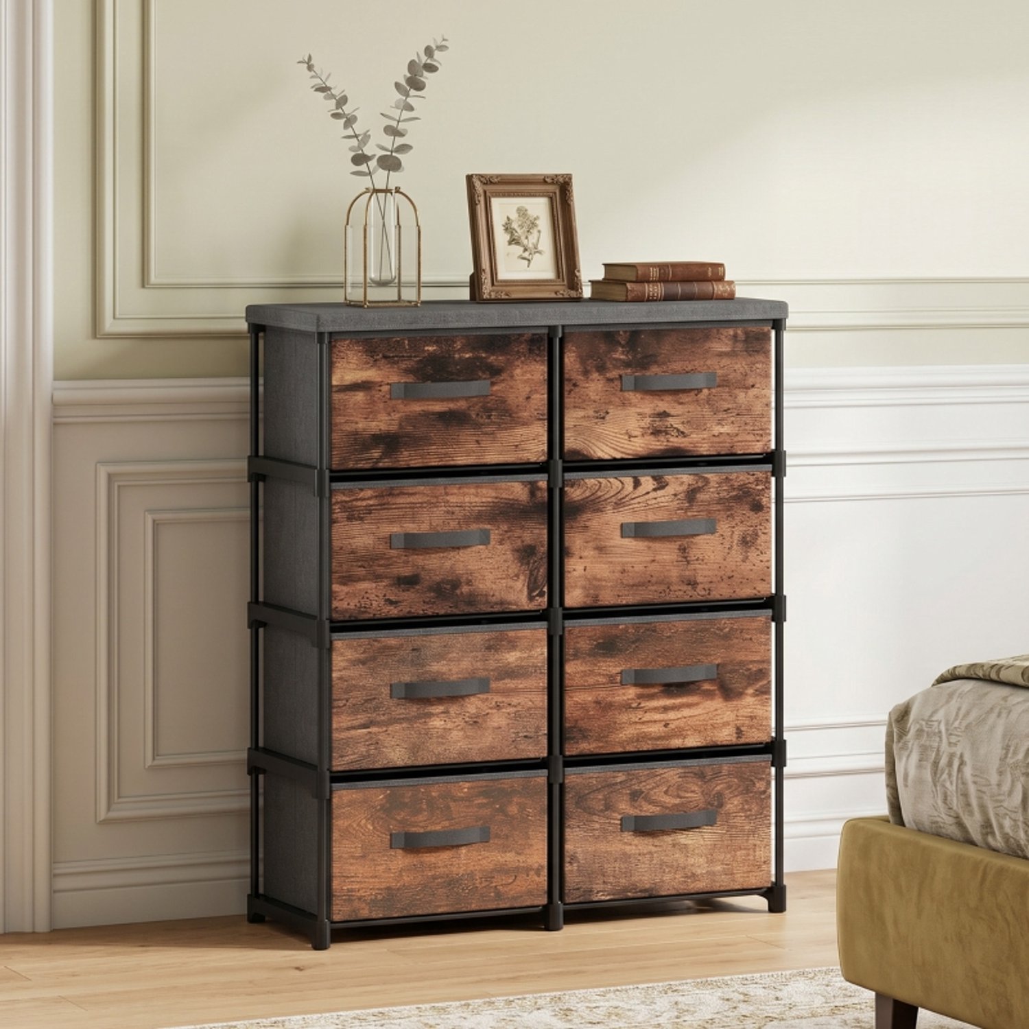 MODENUIT Ladekast - 8 Stoffladen Met Metalen Frame - Slaapkamer En Woonkamer - Rustic - 84,5x30,5x100 Cm Rustiek bruin