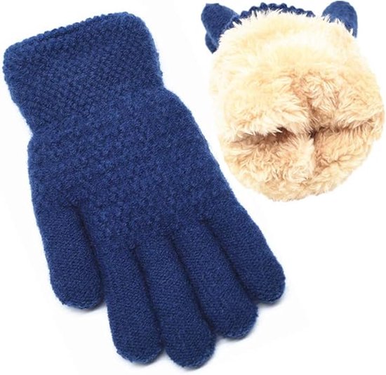 Donkerblauwe gebreide handschoen met dikke, beige fleecevoering voor extra warmte.