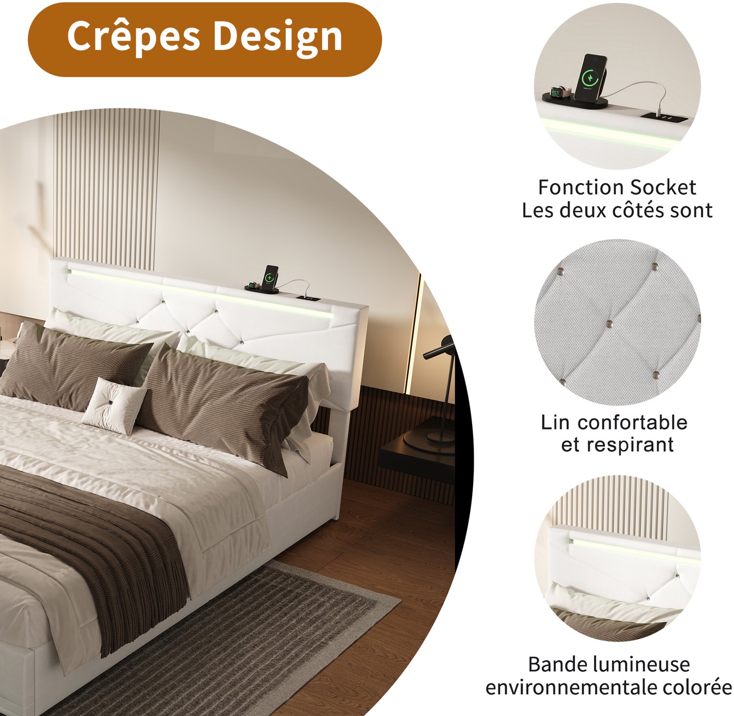 Hydraulisch Opbergbed 160x200 cm - Beige Tweepersoonsbed met Ruime Opbergruimte, LED-Verlichting en USB-Oplaadpoorten, Gestoffeerd Hoofdbord thumbnail 2