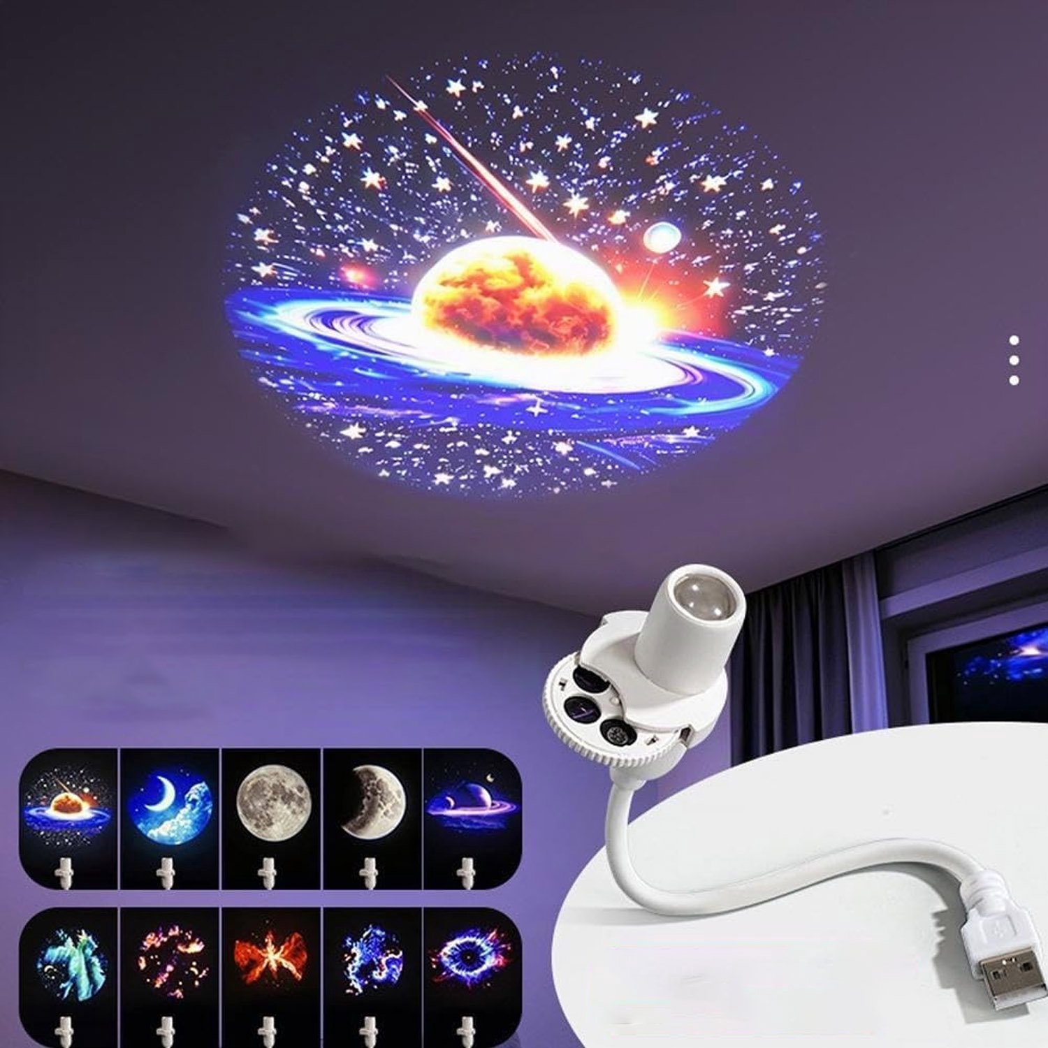 Projectorlamp - Met 10 Patronen - Sterren Projector - Planet Projector - Sterrenhemel projector - Sterren Nachtlamp - Nachtlampje - Galaxy Projector - Sterrenlamp - Plug-and-play - Met 360° Rotatie - Voor kamperen, auto, plafond en wanddecoratie