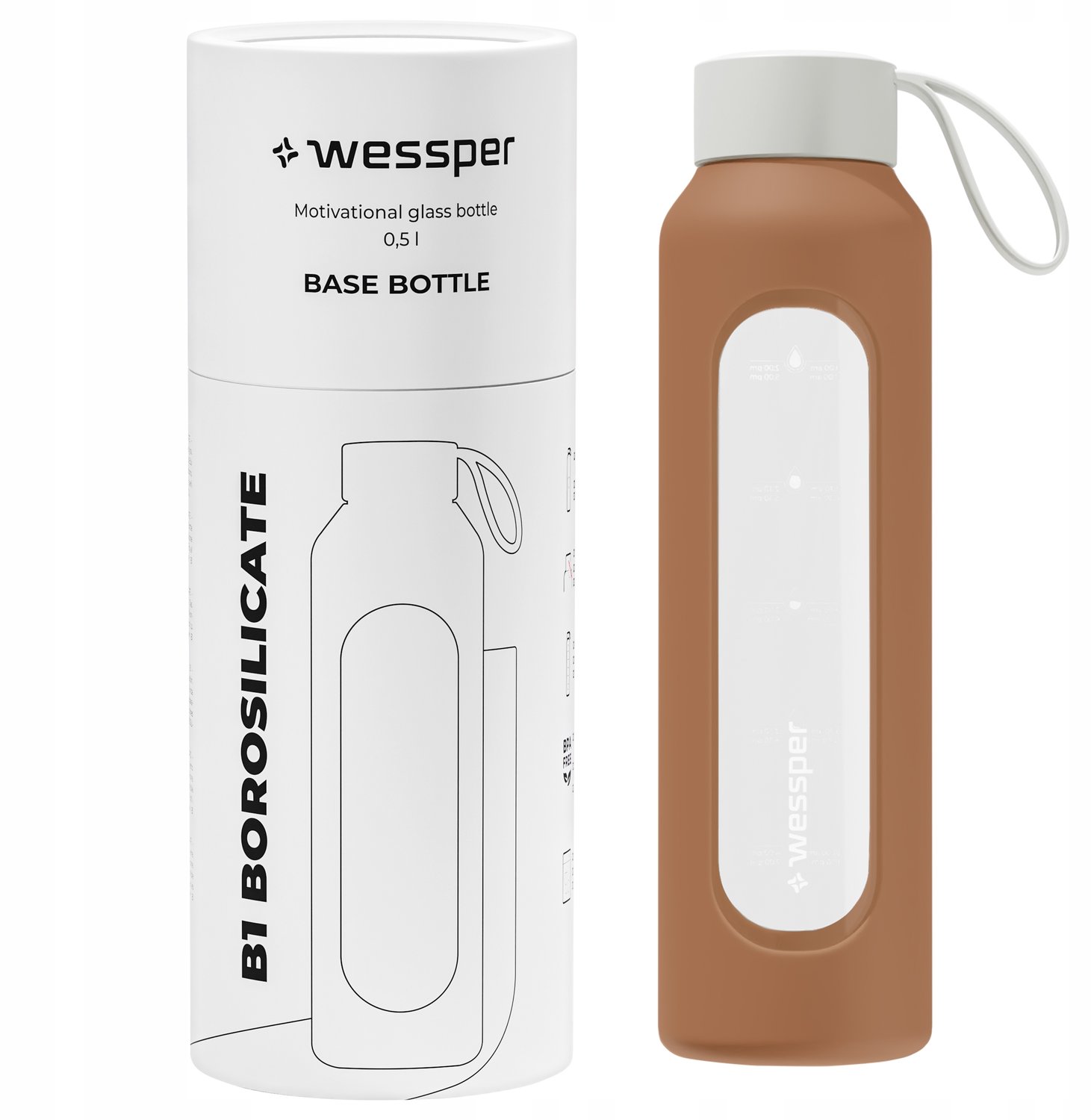 Wessper B1 Borosilicaat Mokkakleurige Waterfles 0,5L - Stijlvol & Lekvrij