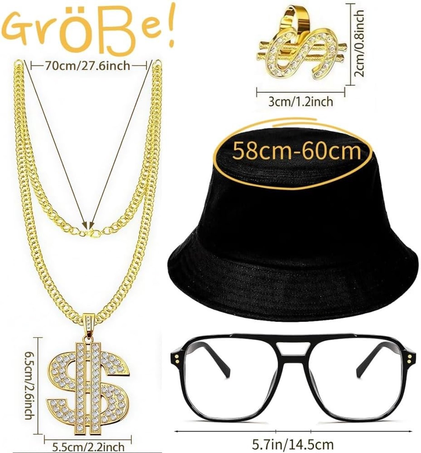 Hip-hop Kostuum Set voor Halloween, 80s/90s Rapper Accessoires voor Mannen en Vrouwen met Zonnebril, Hoed, Ketting en Ring voor Feestdecoratie
