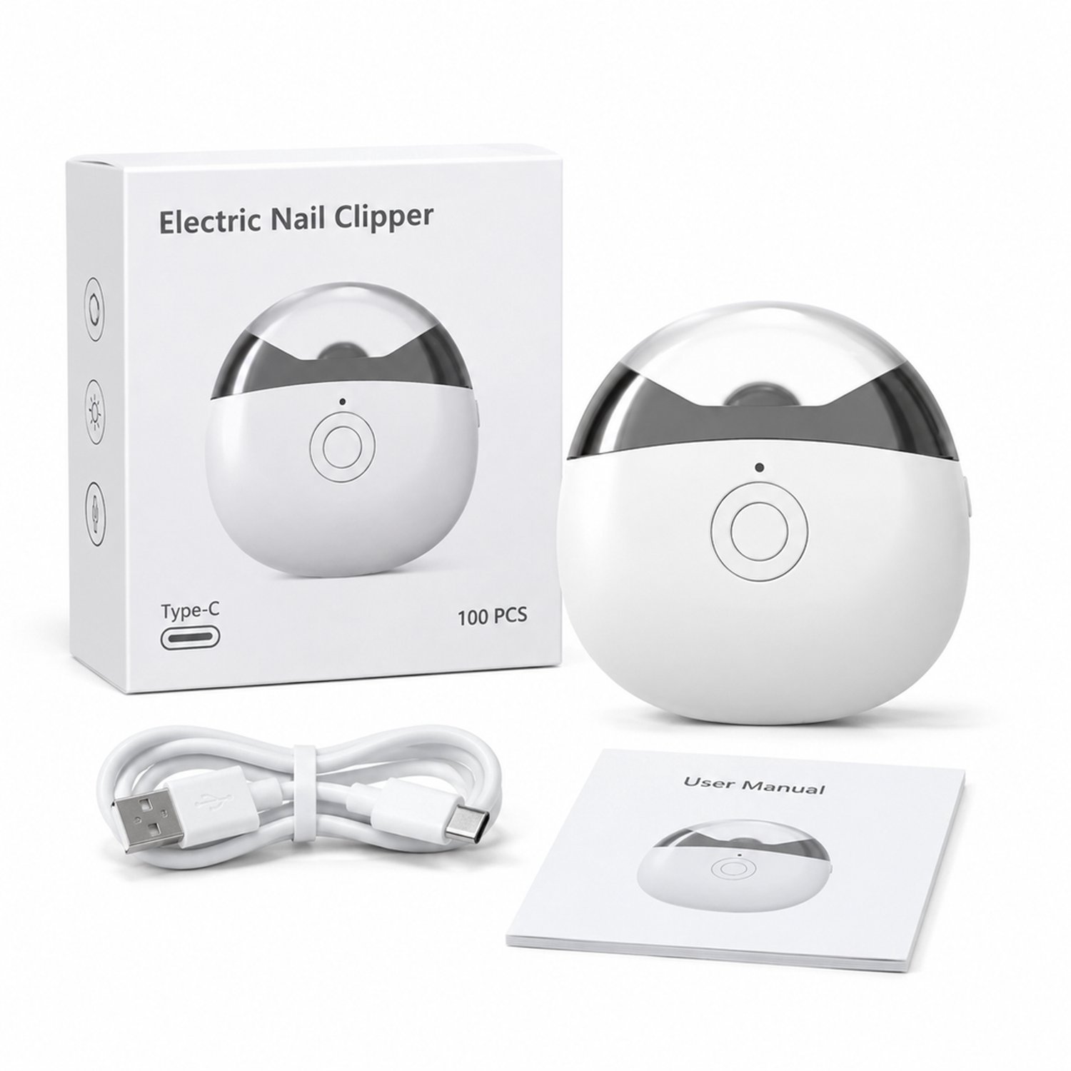 elektrische nagelknipper - Enkele kop, wit-zwart - 2 snelheden en verlichting - Voor thuis - Met datakabel, doos en handleiding