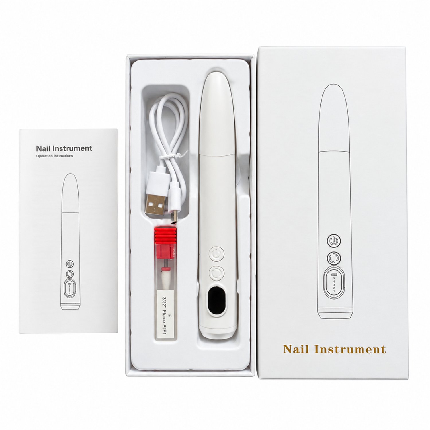 Elektrische nageltrimmer - 6 slijpkoppen - USB Type-C opladen - voor thuis en professioneel gebruik - witte set