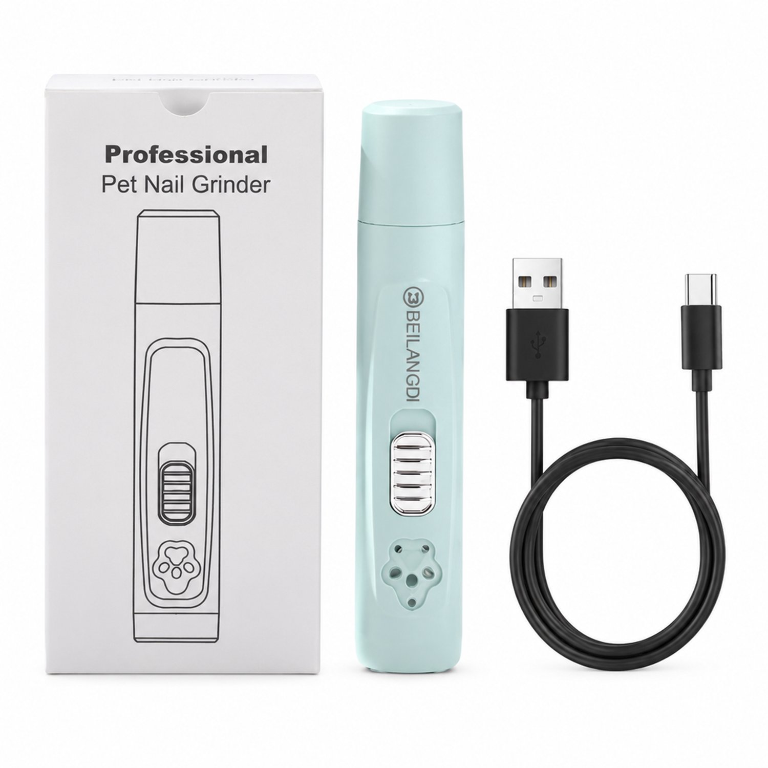 Elektrische nageltrimmer voor huisdieren - USB-oplaadbaar - mintgroen - verpakking 18 x 8,5 x 4,5 cm