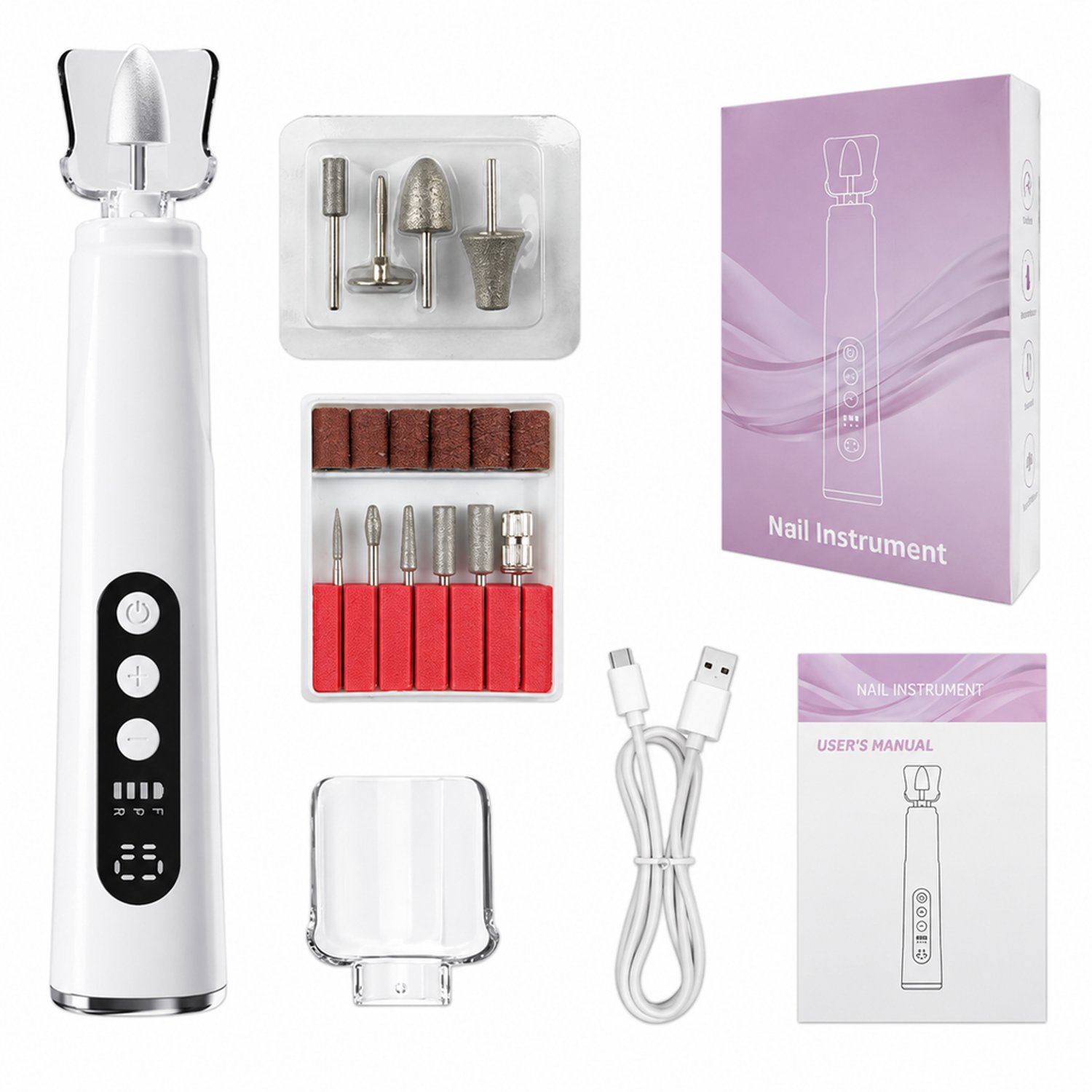 Elektrische nageltrimmer - oplaadbaar - meerdere snelheden - 10 slijpkoppen - witte M12 kunststof uitvoering