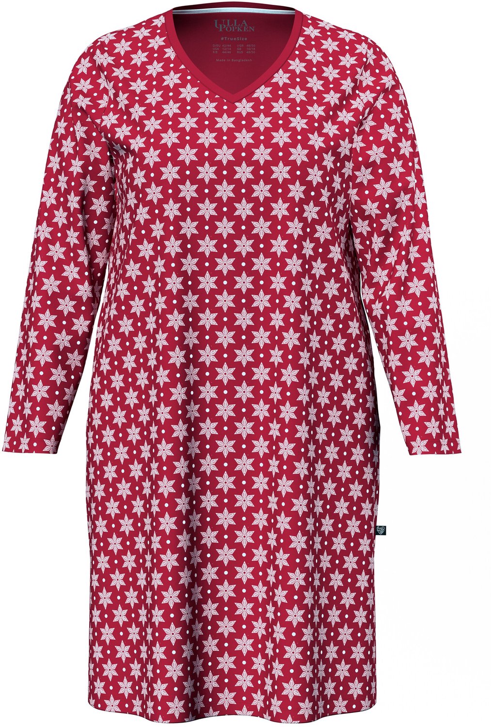 Ulla Popken - Dames - Bigshirt sneeuwvlokken V-hals lange mouwen - Donkerrood - Maat 62+