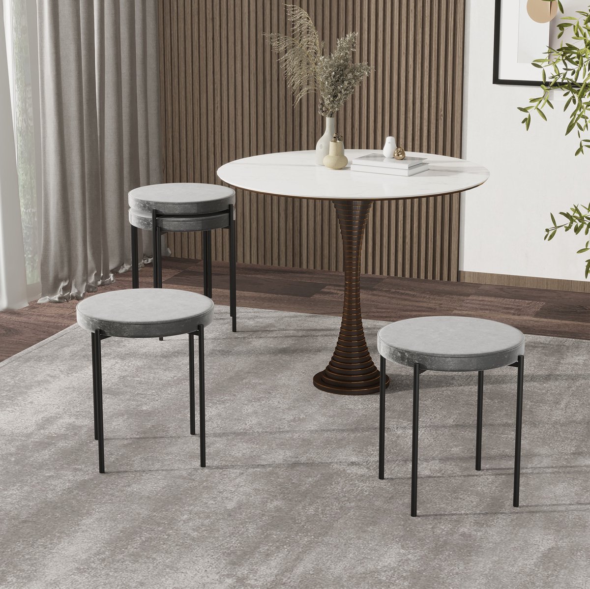 STILVORA Eetkamerhocker Set van 4 41,5 x 41,5 x 46 cm Opstapelbaar Met Gevoerde Zitting Voor Keuken En Eetkamer Metaal Donkergrijs