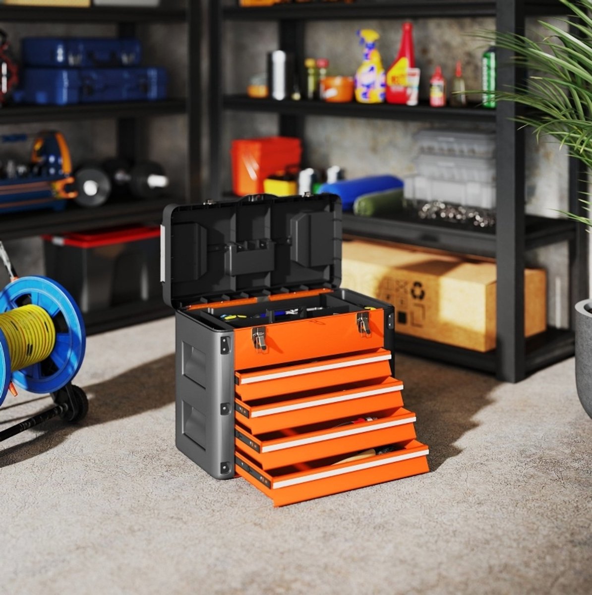 REDOM - Gereedschapskoffer - 4 laden - Bovenste opbergruimte en 2 mini-compartimenten - Handgreep - Garage en werkplaats - Staal en kunststof - Oranje - 49,7 x 25,3 x 40,7 cm