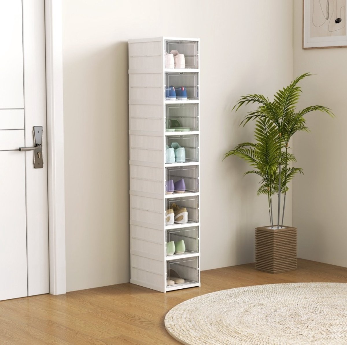 REDOM - Schoenorganizer - Inklapbaar en stapelbaar - Transparante drop-front deur - Zonder montage - Kunststof - Wit - 26 x 35 x 140 cm