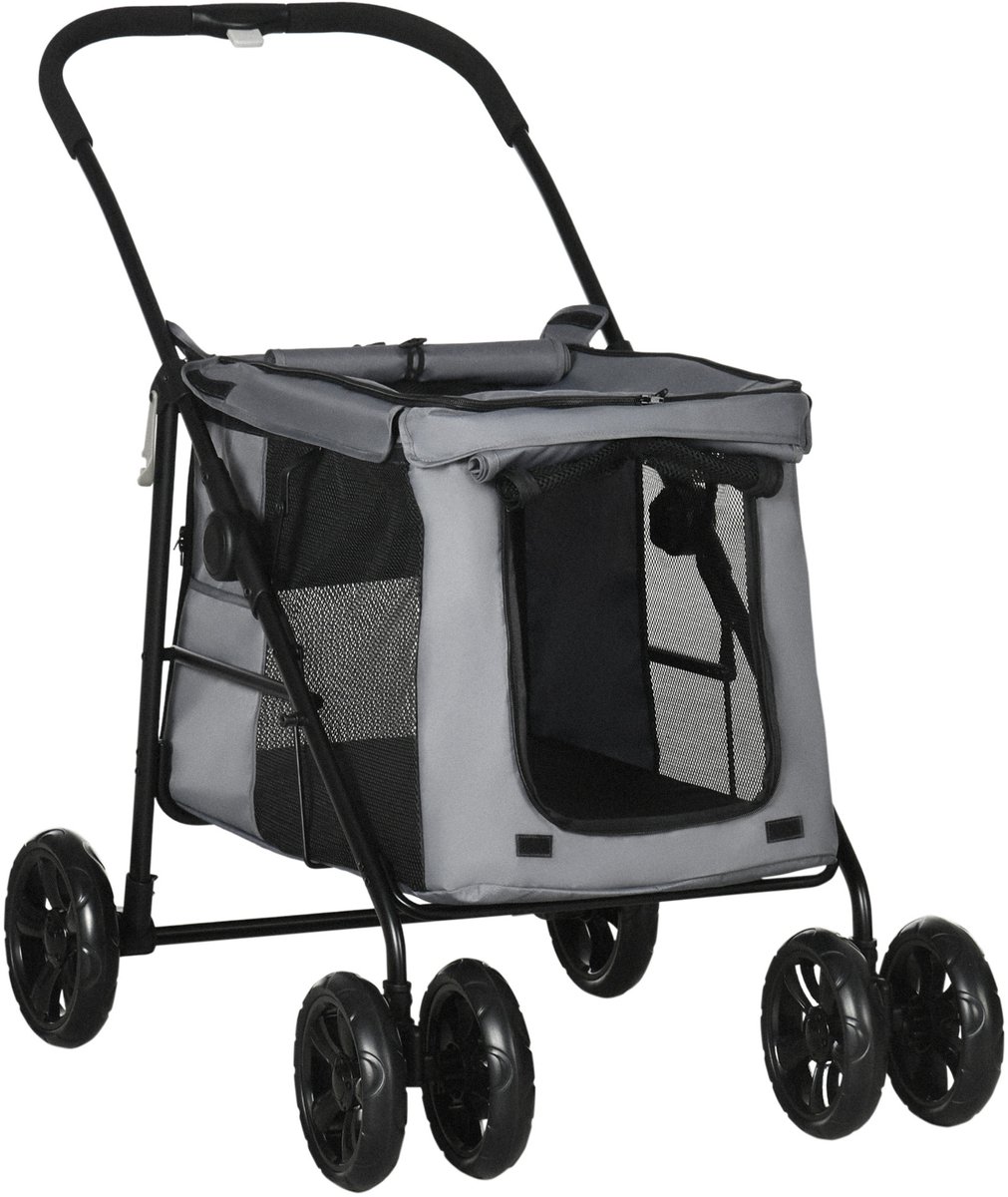 REDOM - Dierenbuggy - Opvouwbaar - 4 wielen met remmen en 360° zwenkwielen - Met kussen en netvensters - Voor hond - Metaal en polyester - Grijs en zwart - 102 x 62 x 105 cm