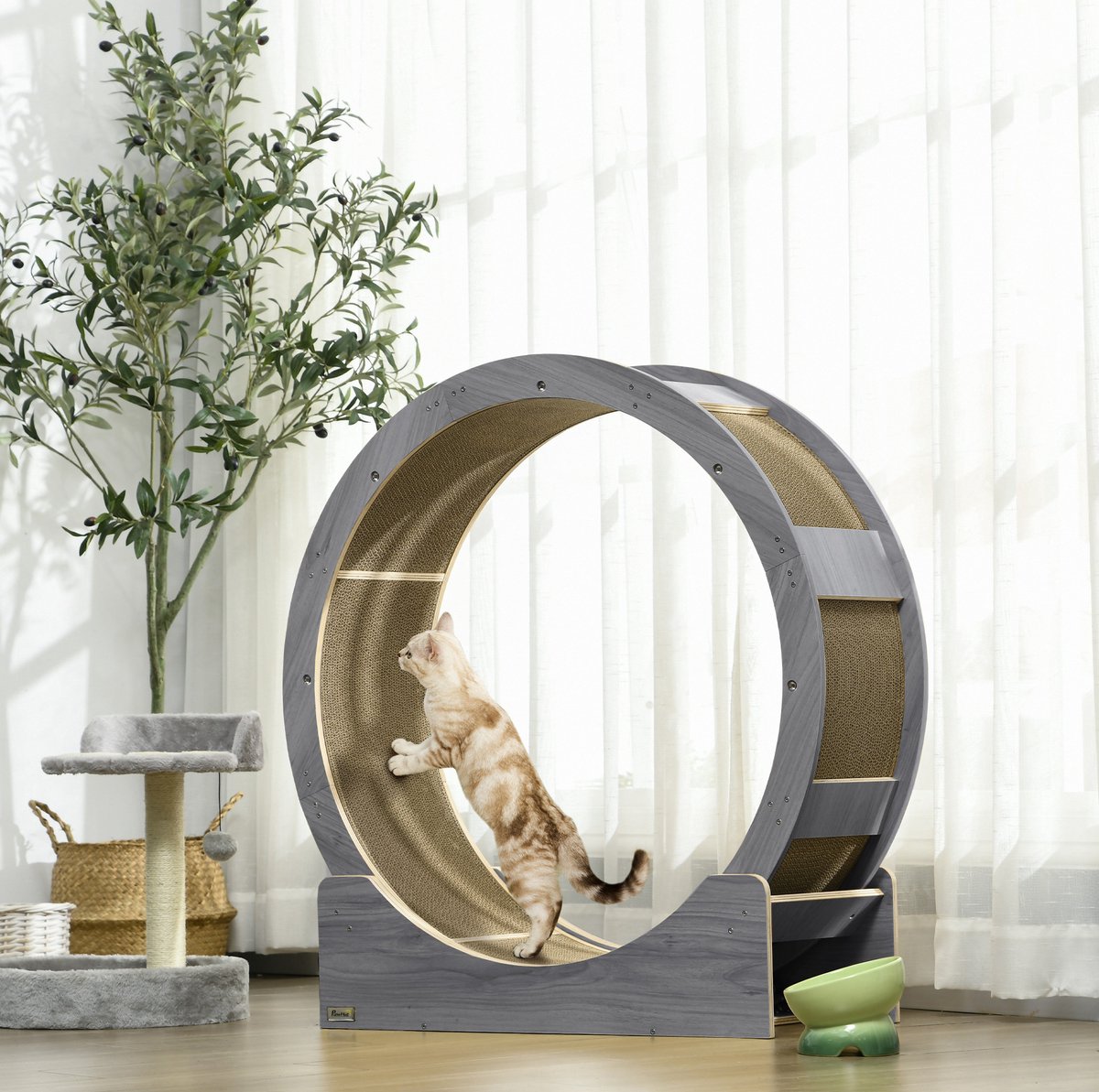 REDOM - Kattenloopwiel met rem - Ingebouwde krabmat - Houten constructie - Voor binnen - Grijs - 91 x 33,5 x 94 cm