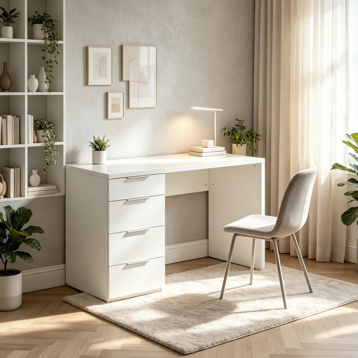 FloraGrace Bureau - Glanzend Computer Bureau Met 4 Laden - Modern Voor Thuiswerk En Studie - Spaanplaat - Wit - 110 X 60 Cm