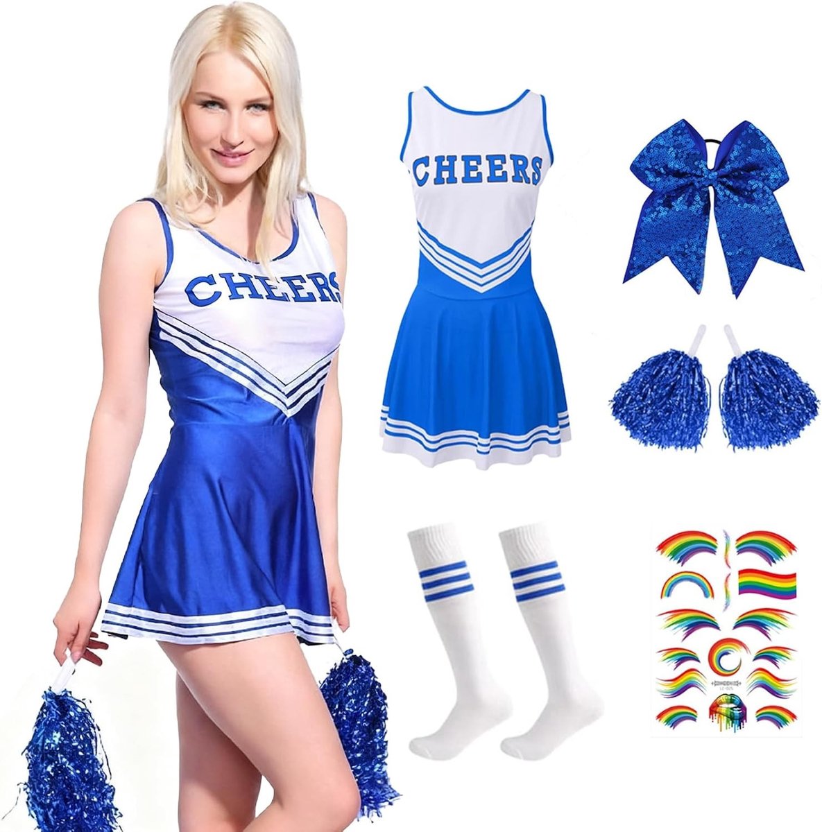 Volwassen Cheerleader Kostuum met Pompoms, Sokken en Haarkralen, Perfect voor Rollenspel en Halloween Feesten, Comfortabel en Stijlvol