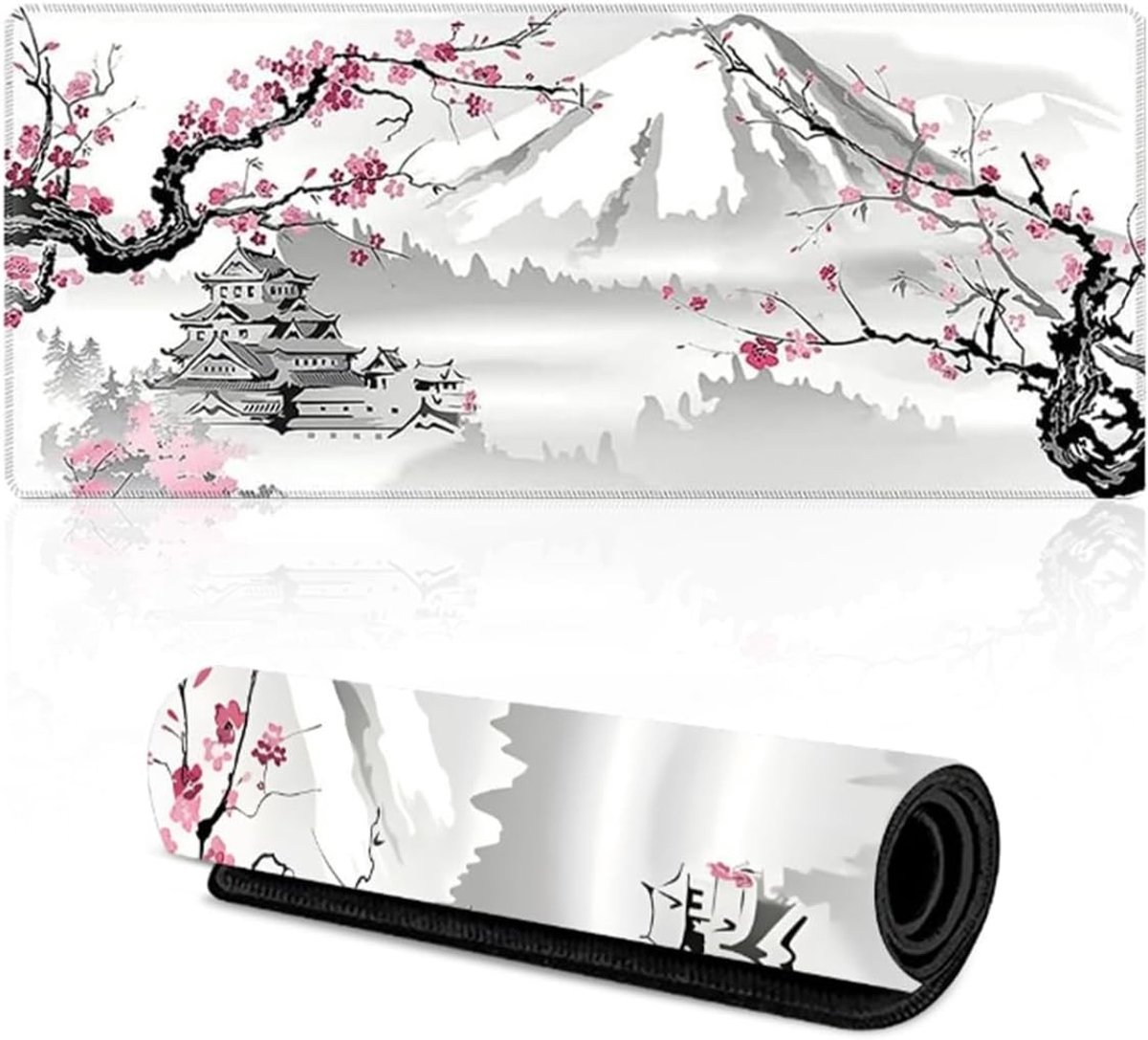 Grote gaming muismat XXL 900x400mm met witte kersenbloesem in Japanse stijl voor gamers
