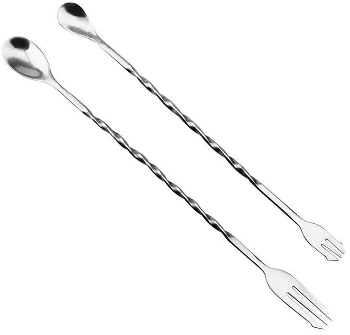 2 stuks - Bar roer lepel - Cocktail lepel - Roestvrij staal lange handvat lepel - met spiraal - Large 32cm + S 26cm - Zilver