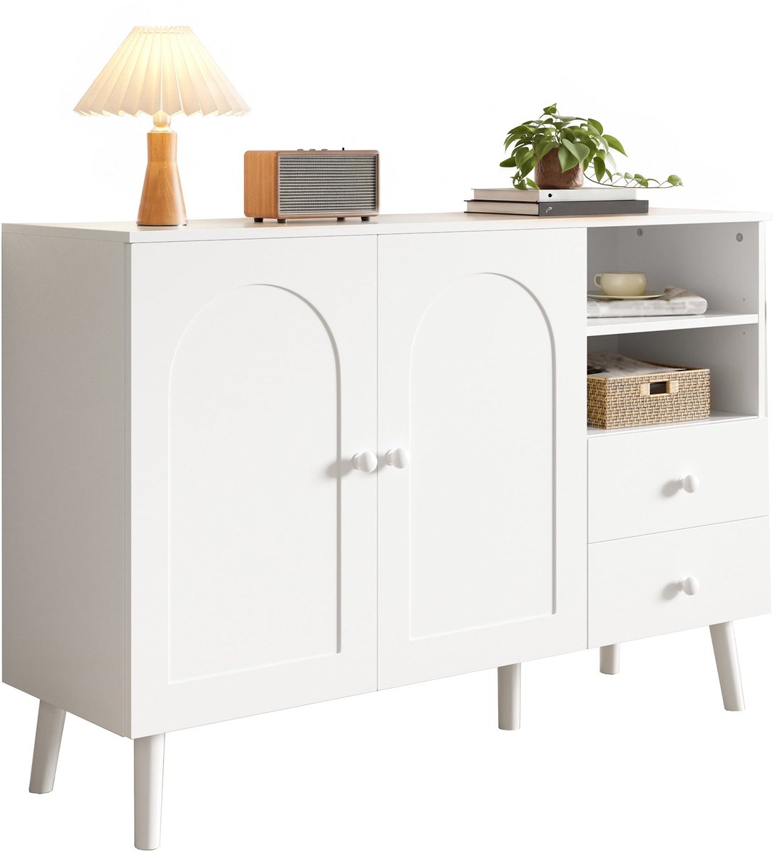 Merax Dressoir 118 cm - Wit - 2 Deuren - 2 Laden - 2 Open Vakken - Houten Poten