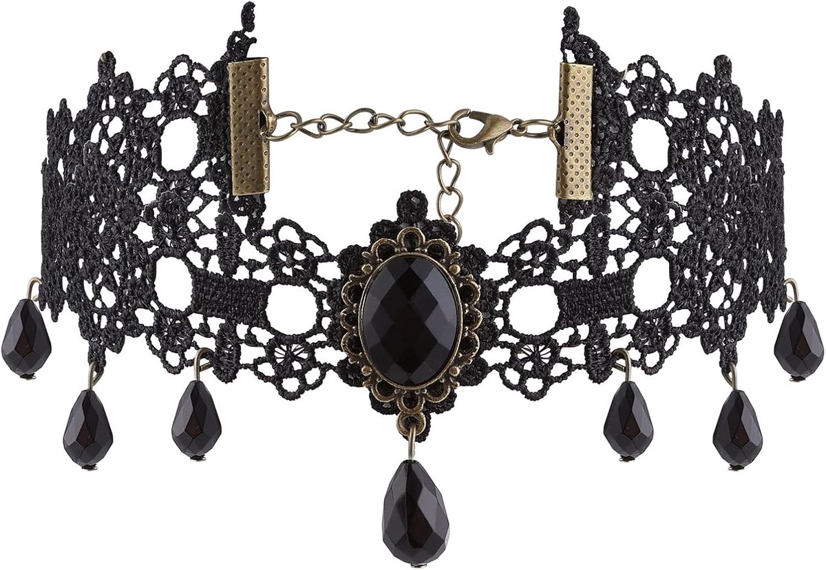 Gothic Zwarte Kanten Choker met Kristal voor Vrouwen en Meisjes - Perfect voor Halloween Cosplay en Vintage Kostuums