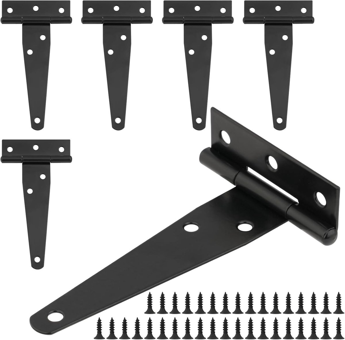 6-delige T-hengset 4 inch (10 cm), Zwarte Versterkte Scharnieren voor Poorten en Deuren met 36 Schroeven, Duurzaam en Betrouwbaar
