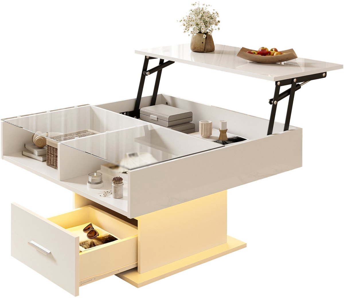 Merax Hoogglans Salontafel met Liftfunctie – Verstelbare Salontafel met Opbergruimte en Verlichting – Wit – 78 x 78 cm