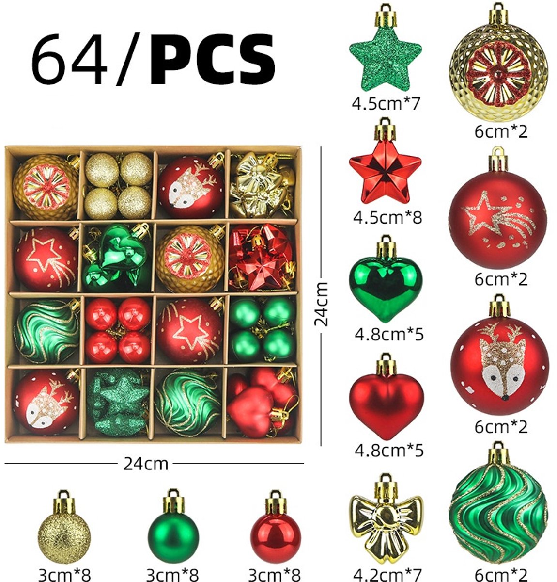Namajunas - Kerstballen set - 64 stucks - Kerstboom versiering - Kersthangertje - Onbreekbaar - Geschikt voor nieuwjaars feesten, bruiloft, feestdagen en Kerst