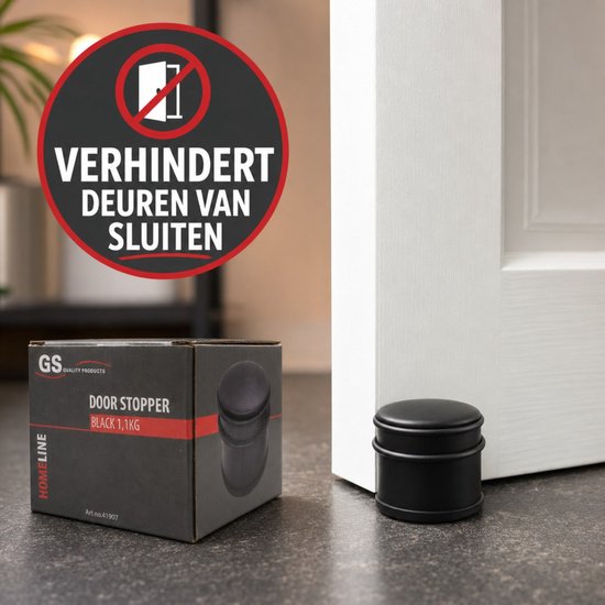 Zwarte deurstopper naast de deur, met een label dat aangeeft 'Verhindert deuren van sluiten'.