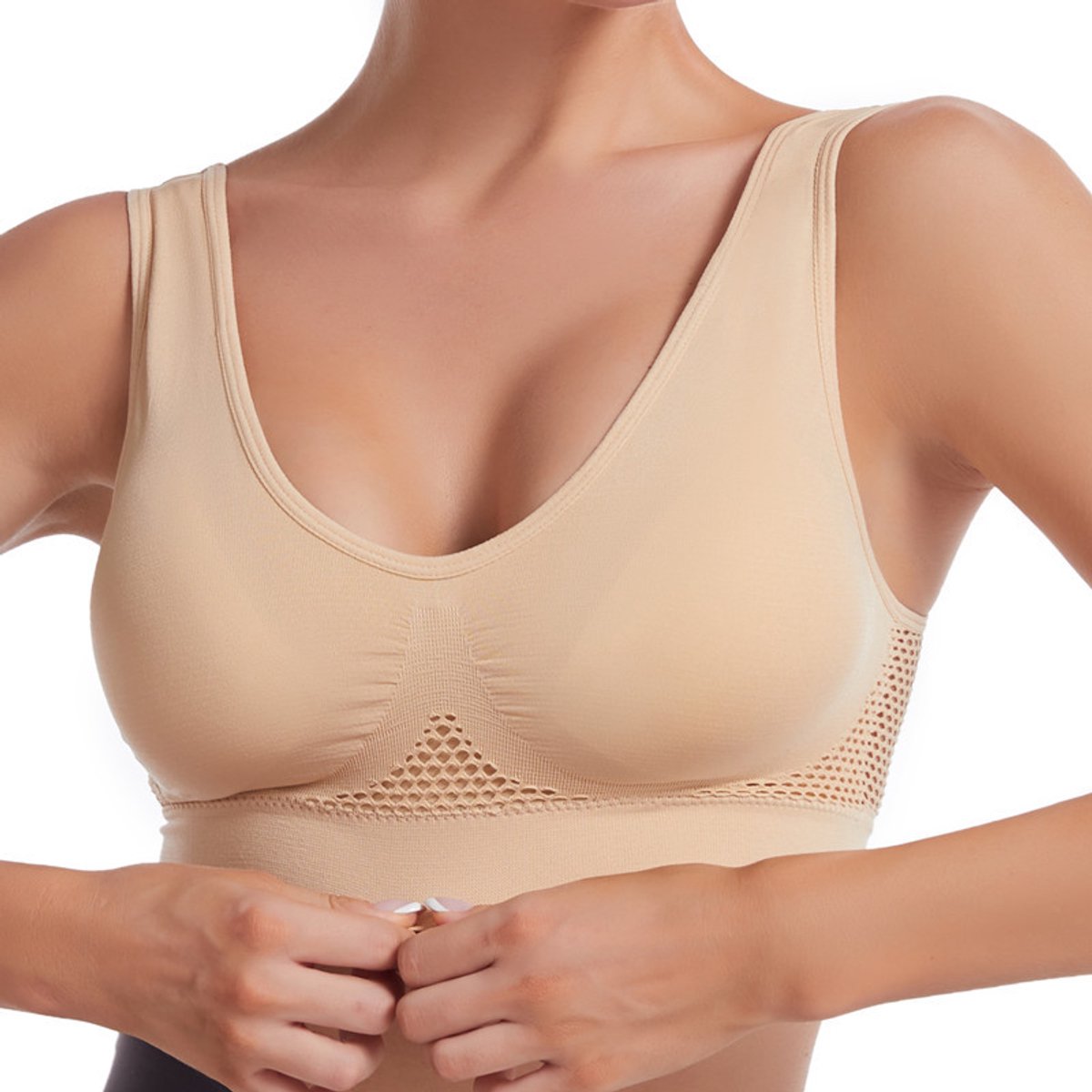 Sport beha yoga‑opengewerkt gaas‑ademende gaten‑grote maten‑zonder beugels‑sportbeha voor sport en yoga-Beige-5XL