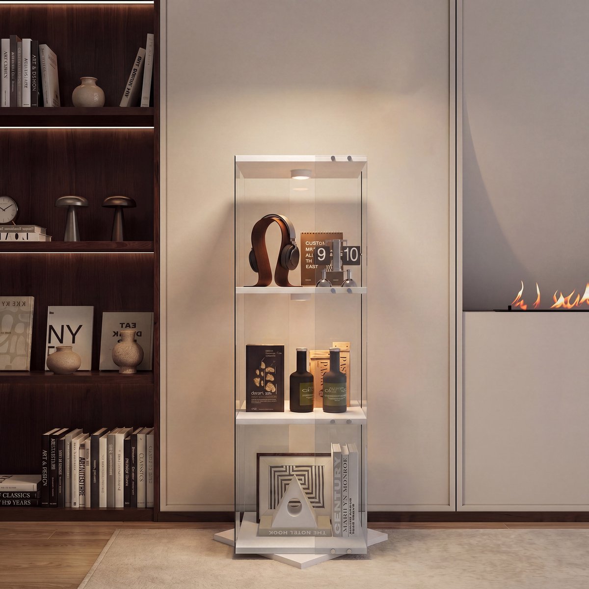 Draaibare Vitrinekast met LED Verlichting - 4 Niveaus - 360° Draaibaar - Glas - Wit - 38x38x121 cm