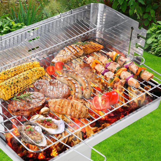 LIFERUN Houtskoolgrill roestvrij staal - barbecue voor camping - met verstelbaar grillrooster - 57 x 38 x 89,5 cm — afbeelding 3