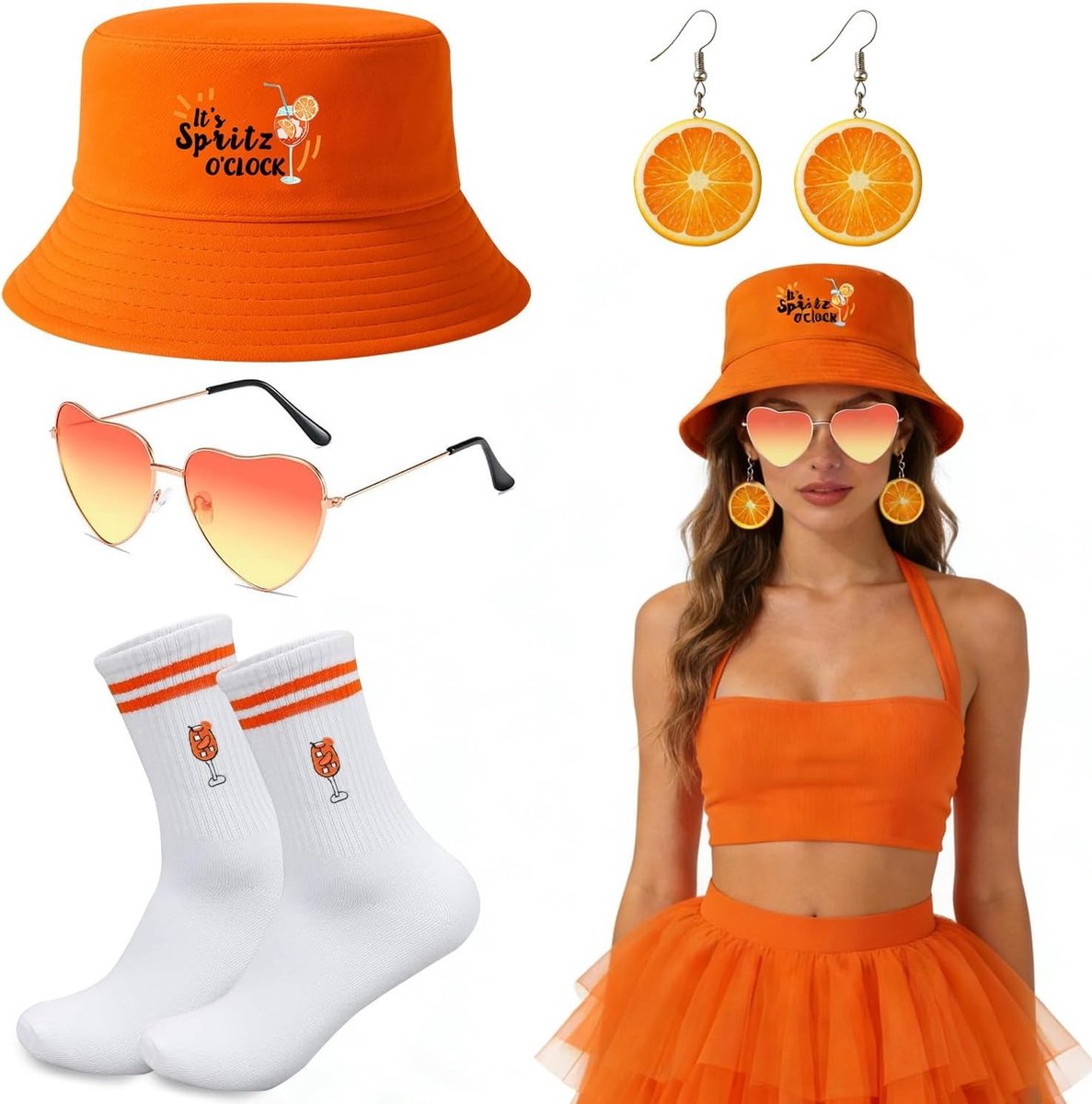 Kostuumaccessoires voor Carnaval: Geborduurde Vissershoeden, Sokken, Hartvormige Zonnebrillen en Oranje Oorbellen voor Feestjes en Cosplay