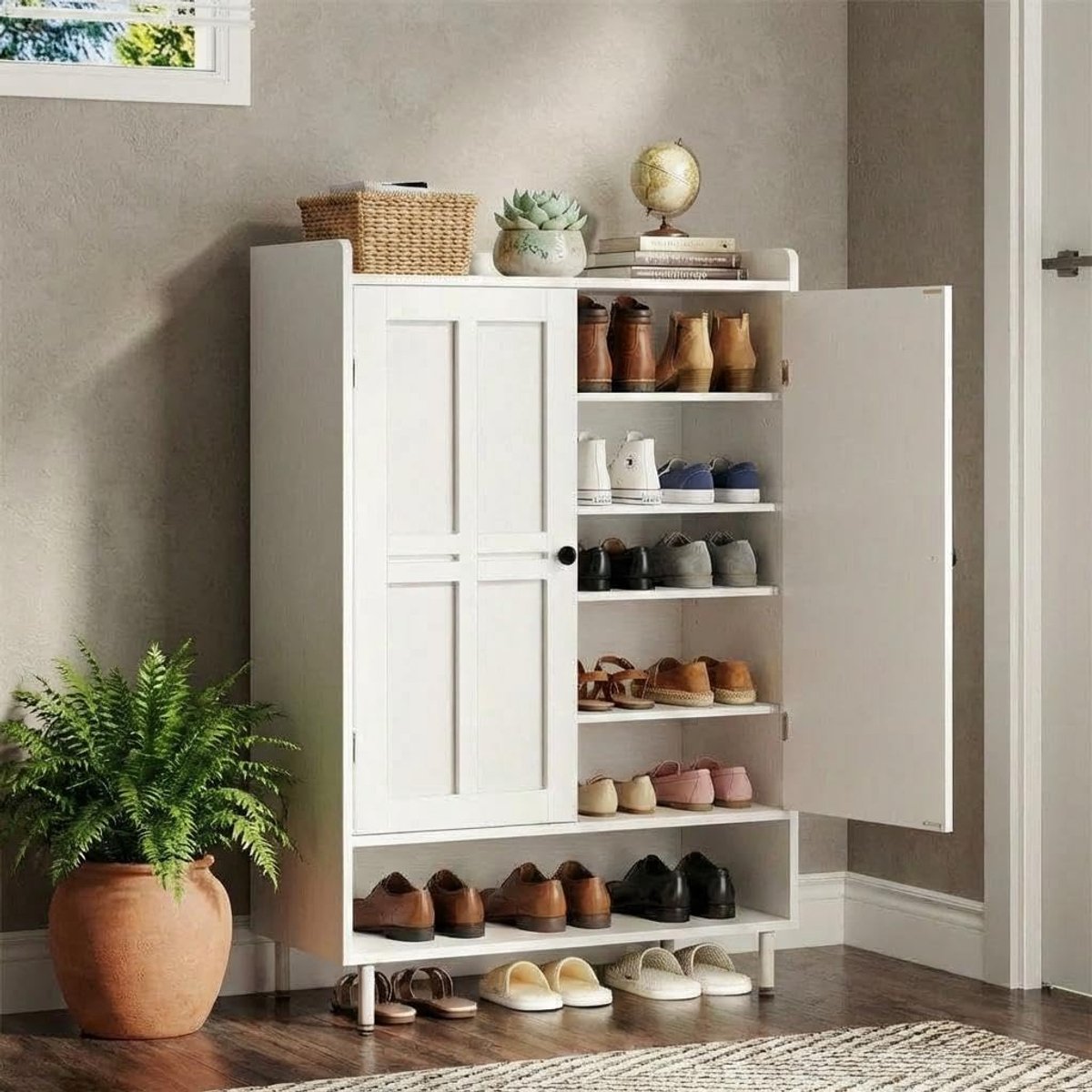 Meuble à chaussures,Armoire à Chaussures 6 Niveaux avec Portes-3 étagères réglables, Pieds en métal, Hauteur 114 cm,pour entrée/Couloir-Blanc