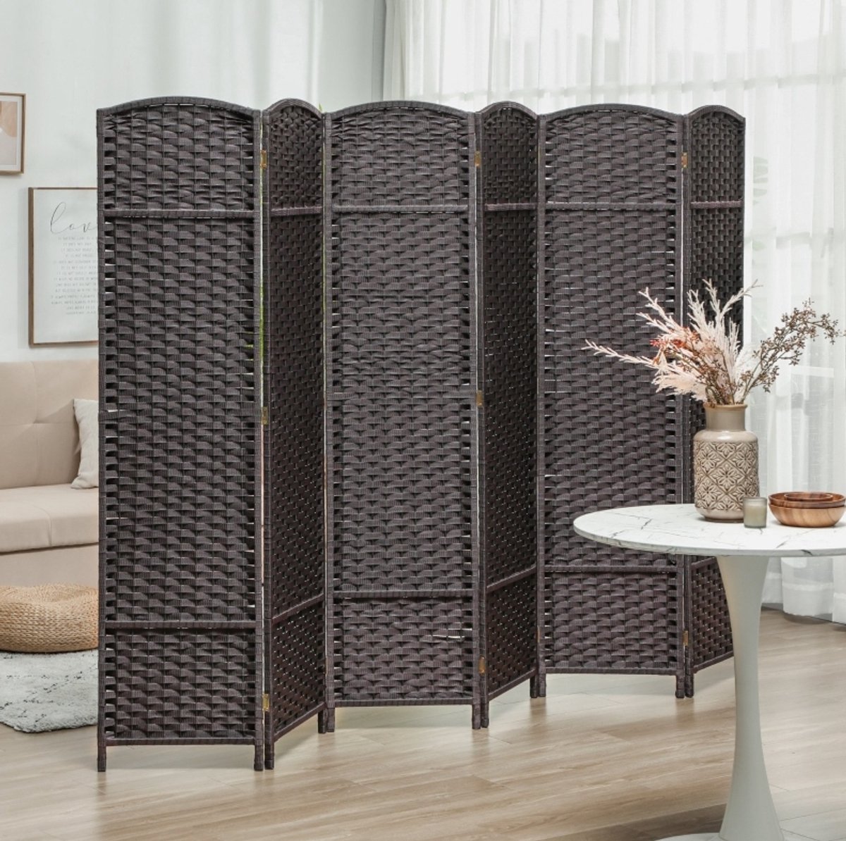 REDOM - Kamerscherm - 6-delig opvouwbaar - Privacy scherm - Geweven patroon met gewelfde bovenkant - Woonkamer, slaapkamer en thuiskantoor - Hout en kunststof - Bruin - 240 x 170 x 1,6 cm