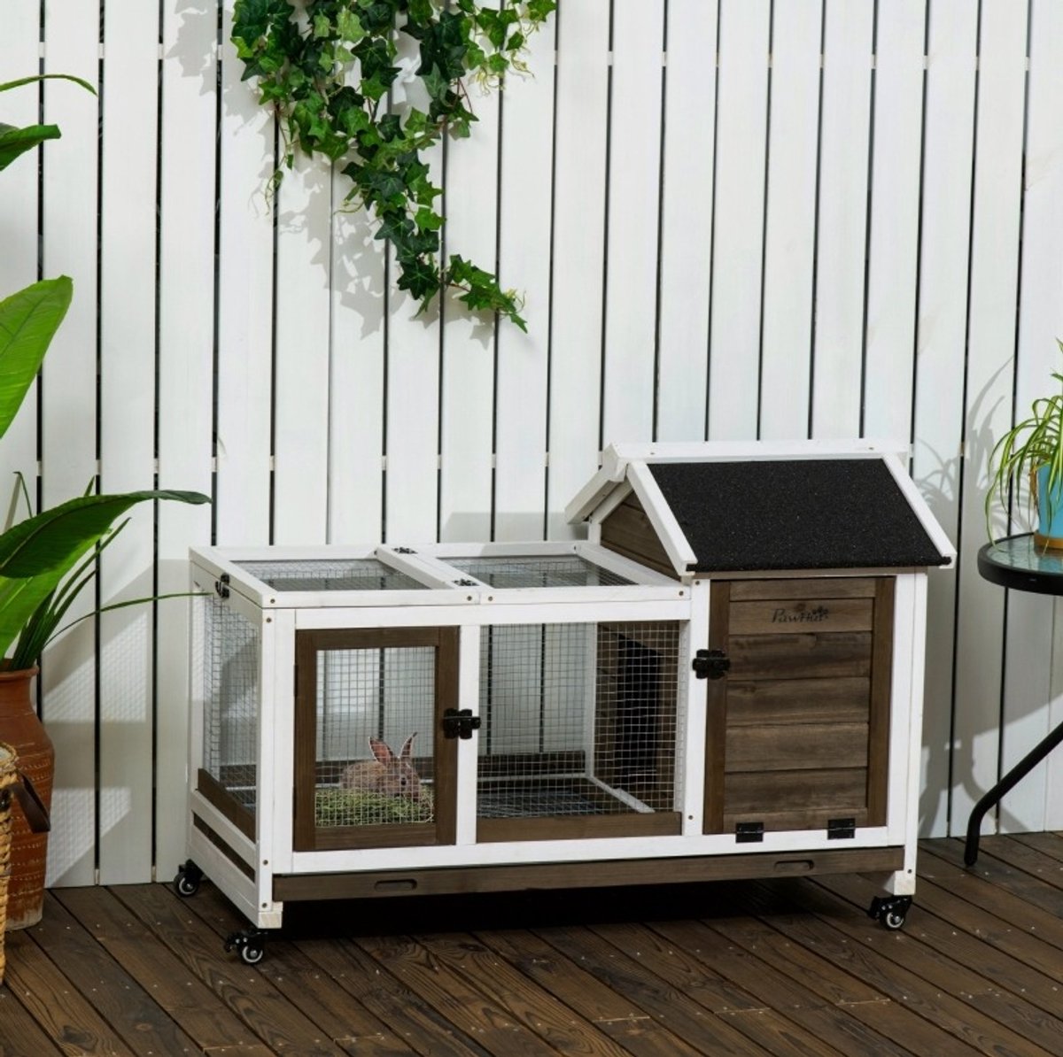 REDOM - Kleintierstall voor dwergkonijnen en cavia's - Met vier wielen - Met opklapbaar dak en uitloop - Houten huis - Voor binnen en buiten - Bruin - 108 x 58 x 73,5 cm