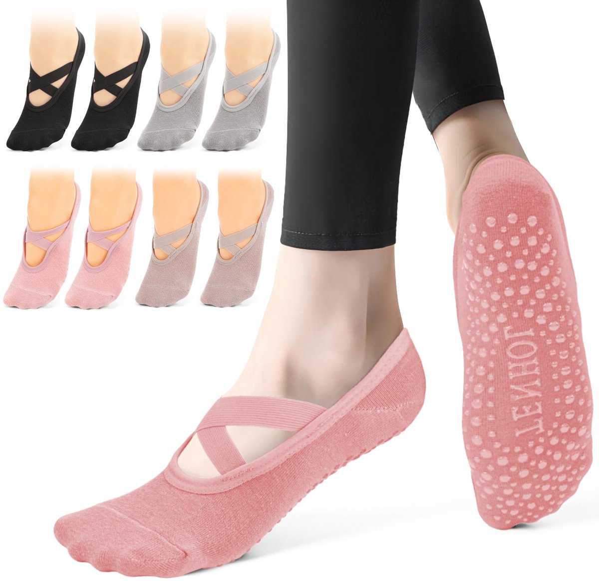 Bafiwu 4 paar pilatessokken, antislip, voor dames, katoen, yoga, sokken, pilates, reformsokken, pilatesset, thuis - ShopVlot