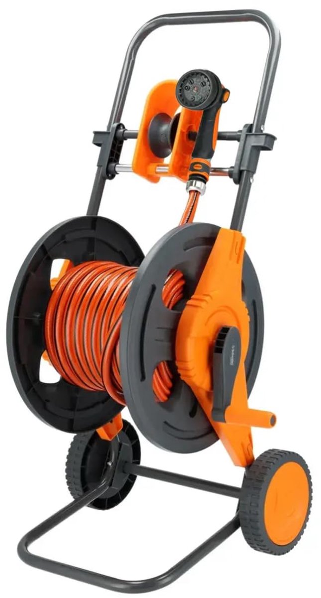 Famanu – Slangwagen met slang, waterspuit en tuinslang van 25 m, snelkoppelingen voor tuin en gazon, verstelbaar spuitpistool, complete set