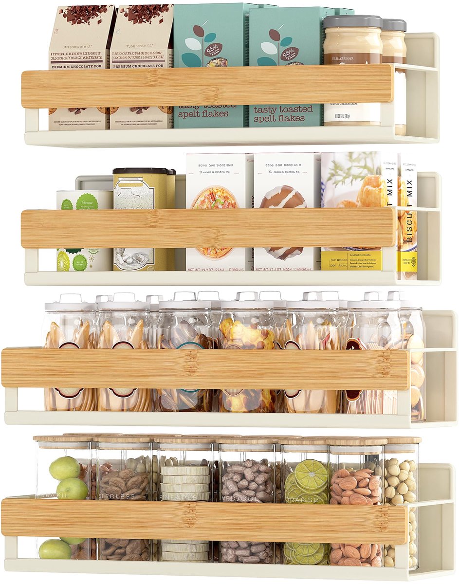Famanu – Magnetisch kruidenrek, set van 4, 2 grote en 2 kleine planken, kruidenorganizer zonder boren, voor keuken, koelkast en magnetron, crèmewit-natuurlijk beige