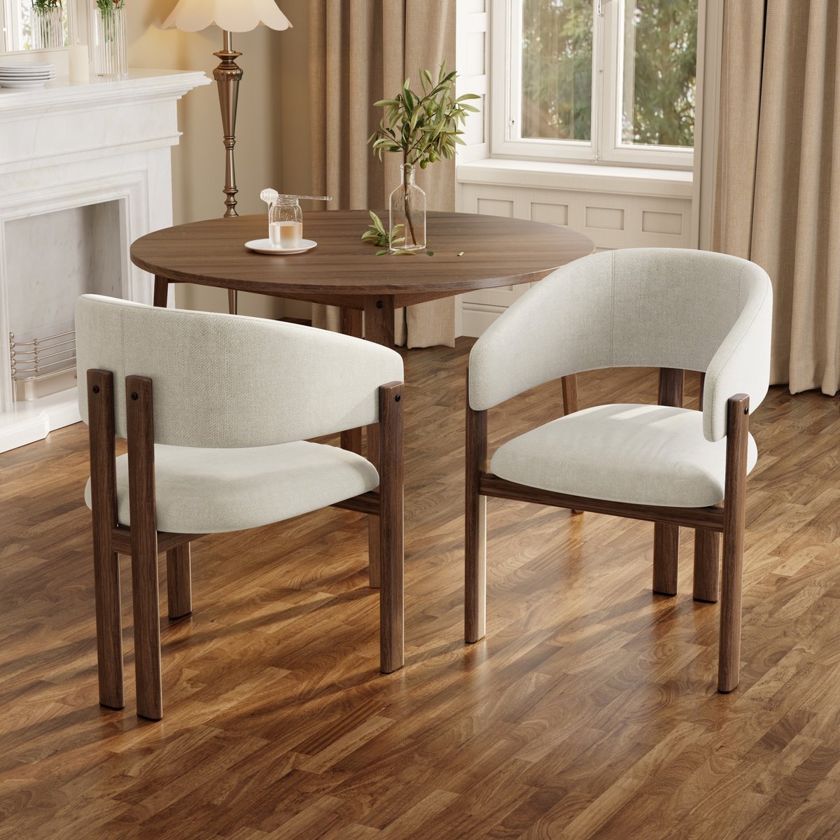 PHOEBE CAT Eetkamerstoel - Set van 2 - Metalen poten met houtlook - Linnen - Walnootkleur + Beige