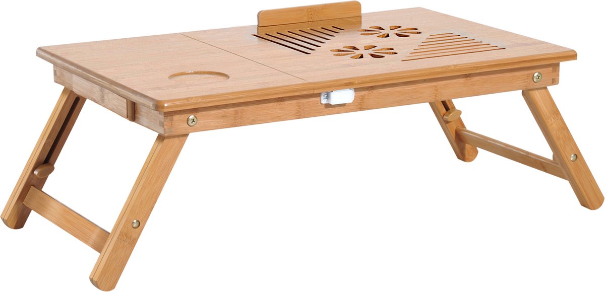 Bamboe Laptoptafel voor Bed en Bank, Opklapbare Tafel, Ontbijtserverblad met Opklapbare Poten, Hoogte Verstelbaar, Bedplank, Opvouwbaar, Natuur