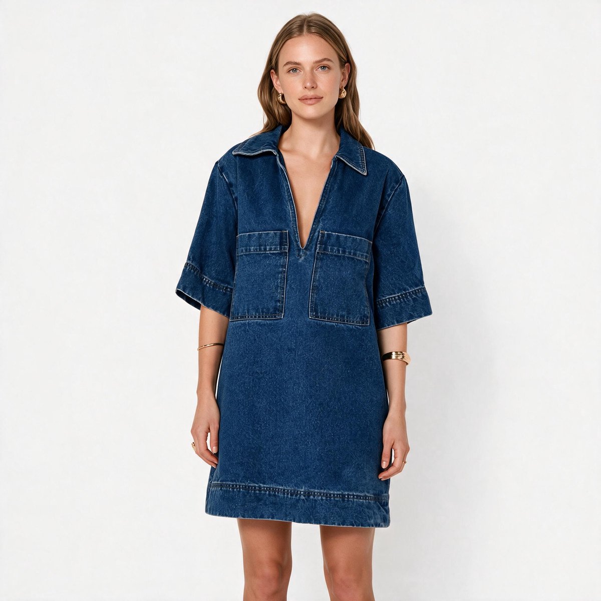 Imily Bela Dames Denim Mini Jurk met Kraag en Korte Mouwen