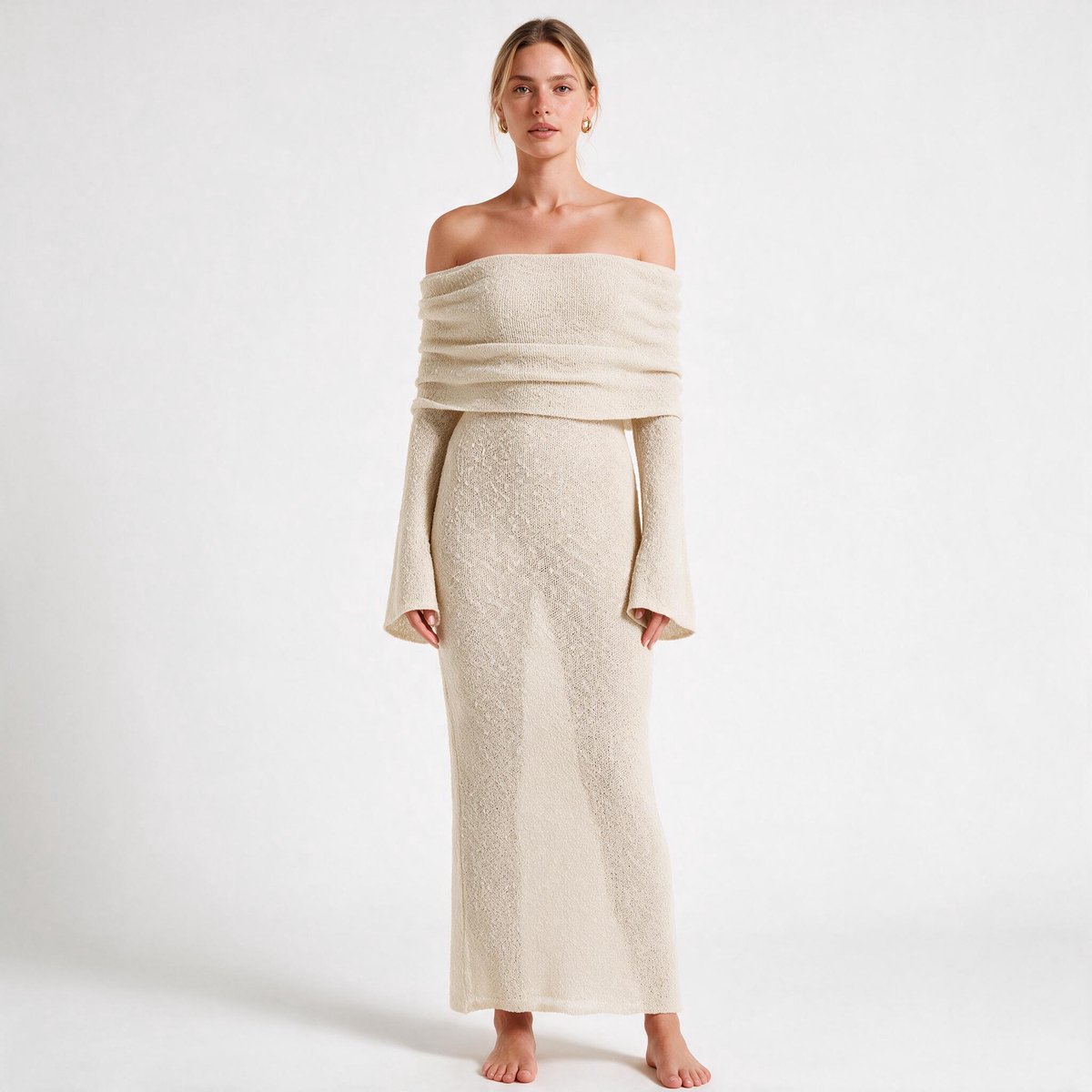 Imily Bela Dames Off Shoulder Gebreide Maxi Jurk met Lange Mouwen